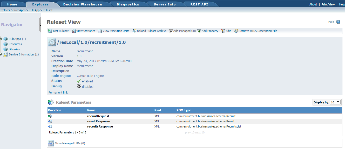 IBM ODM RES Ruleset view sample